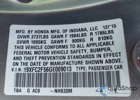 2016 Honda Civic Lx z USA, uszkodzony, nr VIN 19XFC2F56GE009013